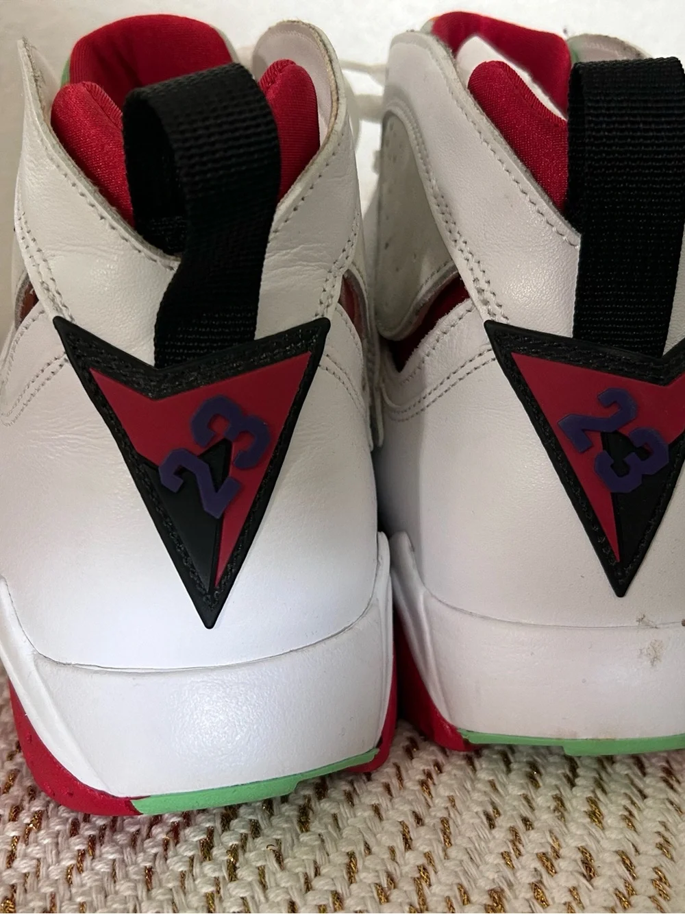 Jordan White High-Tops with Red and Metallic Green Accents